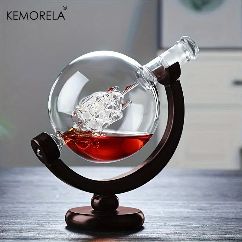 Globe Whiskey Decanter Set with Wood Stand (900ml)