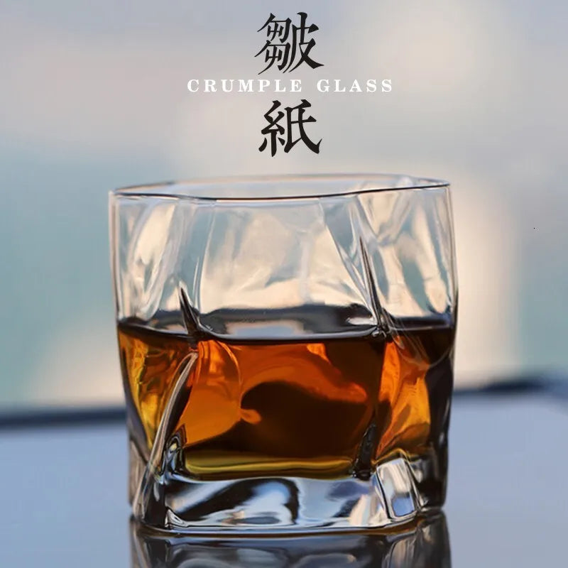 Japanese Crumple Paper Crystal Whiskey Glass close-up
