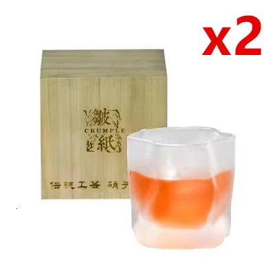 Japanese crumple paper crystal whiskey glass set with wooden box