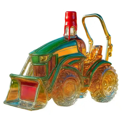 Vibrant glass tractor decanter with red spout and loader, merging artistic design with practical whiskey serving.
