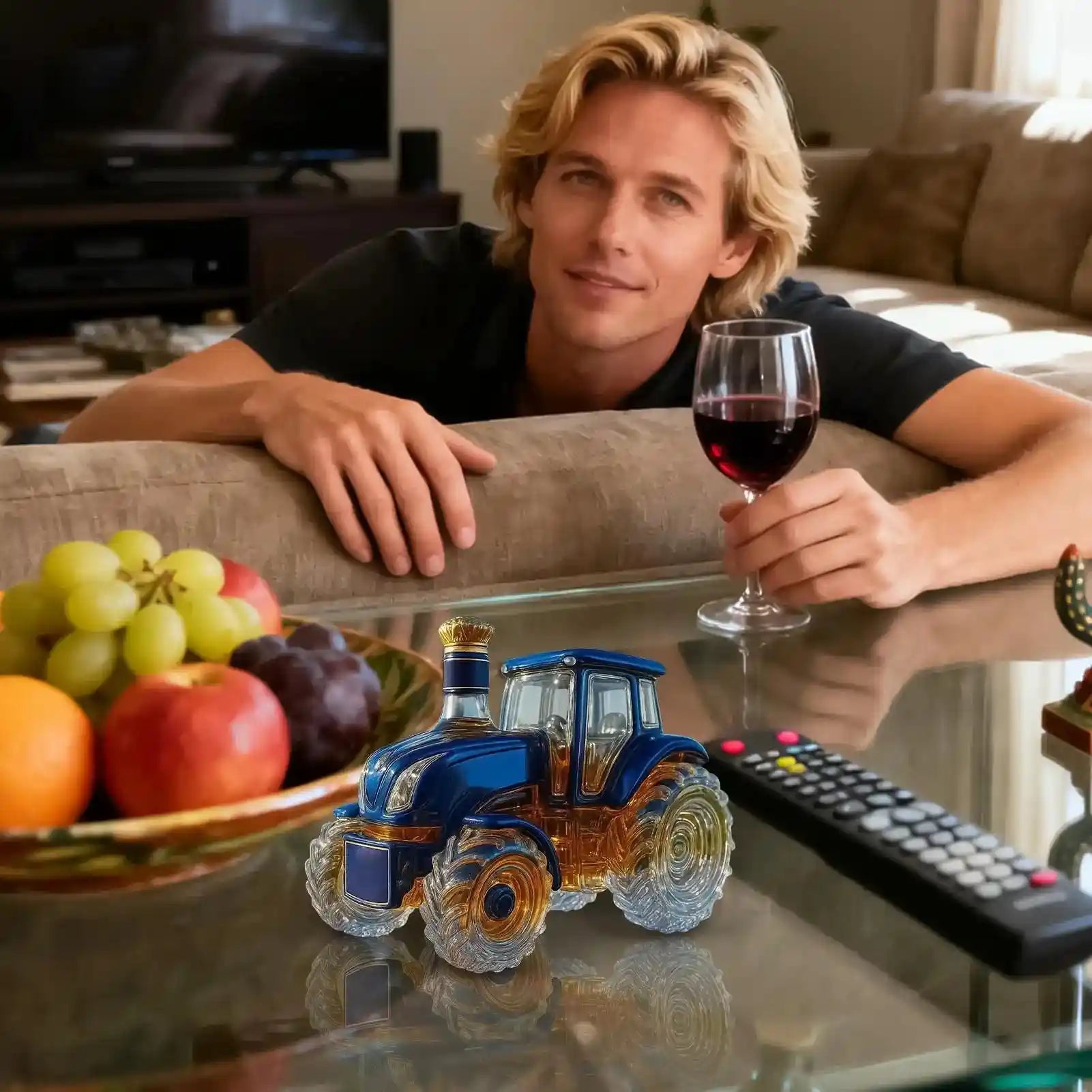 Blue Glass Tractor Decanter on a glass table in a cozy home bar setting, paired with wine and fruit for stylish décor and serving.