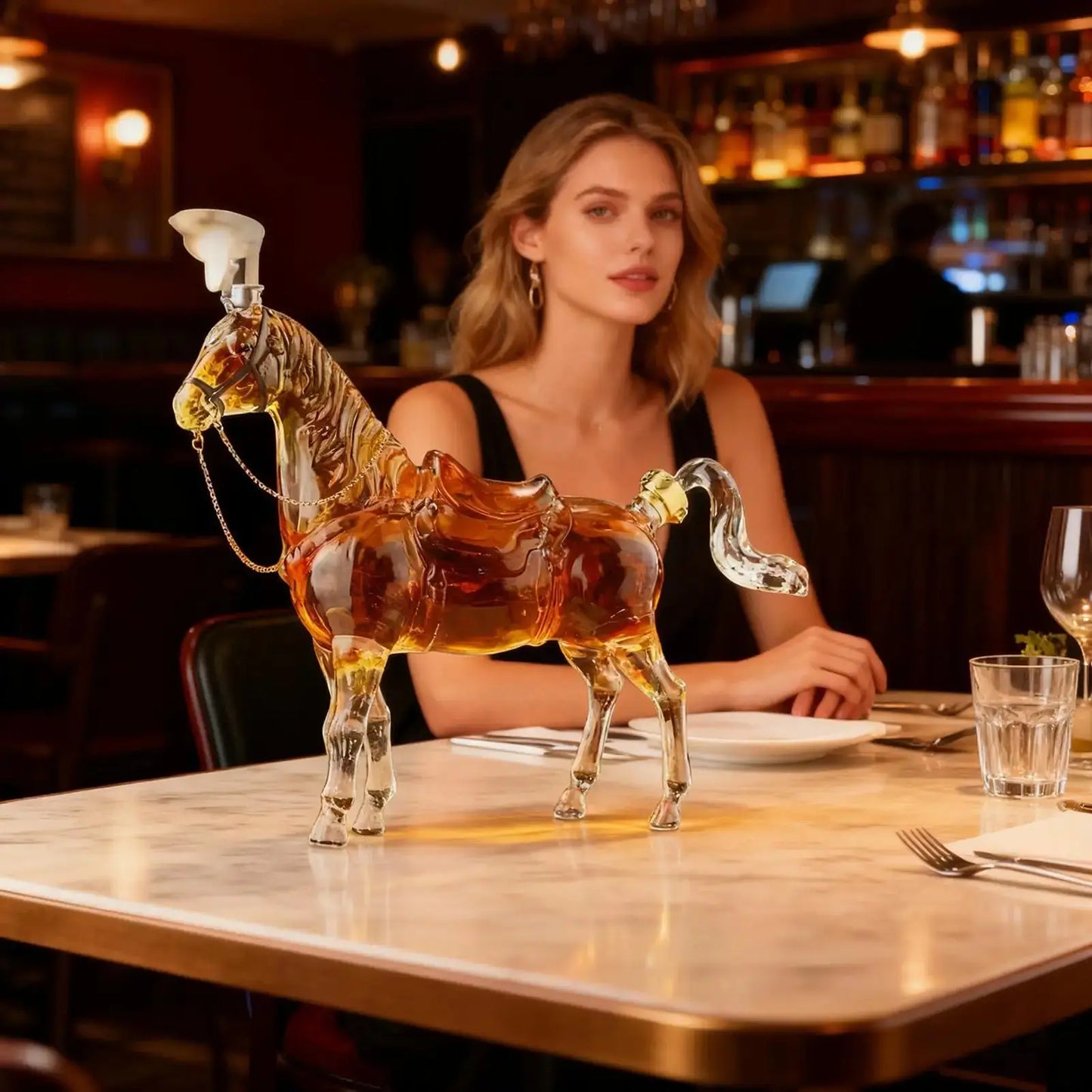 Unique Horse Shaped Liquor Bottle on a restaurant table, a standout gift for whiskey lovers and cocktail enthusiasts.