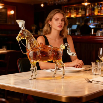 Unique Horse Shaped Liquor Bottle on a restaurant table, a standout gift for whiskey lovers and cocktail enthusiasts.