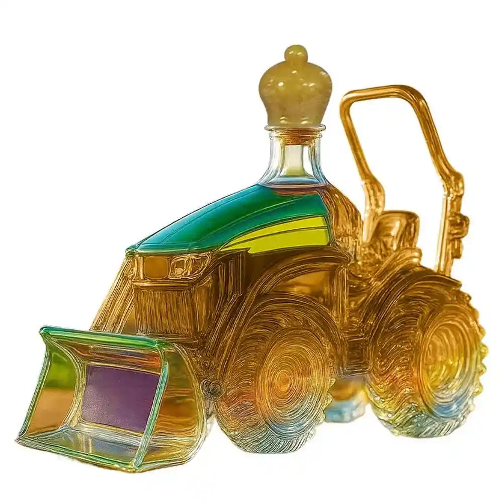 Colorful glass tractor decanter with front loader design, blending artistic flair and functionality for whiskey lovers.