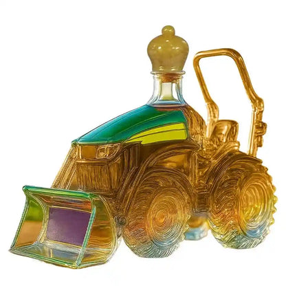 Colorful glass tractor decanter with front loader design, blending artistic flair and functionality for whiskey lovers.