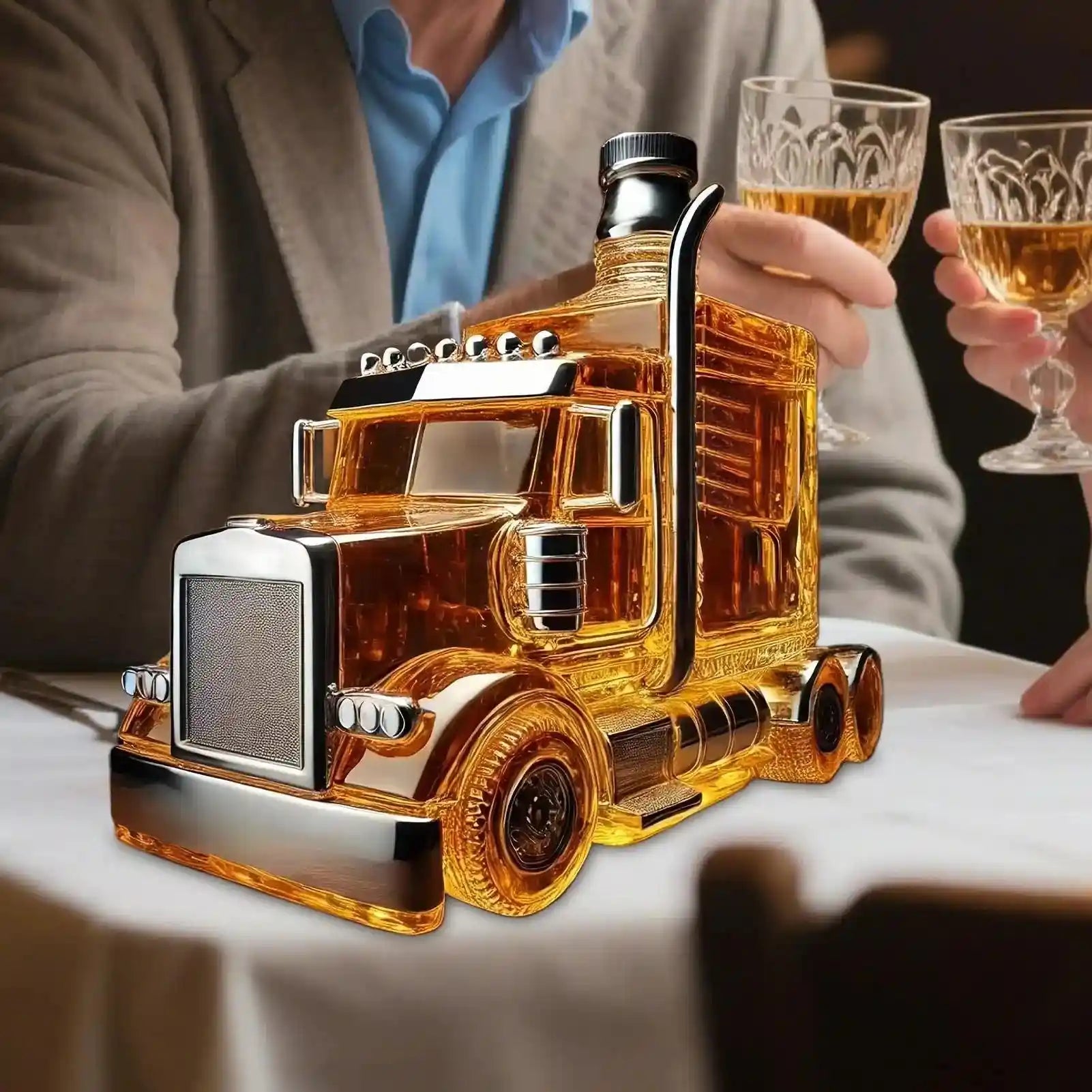 375ml Whiskey Decanter Half Truck Bourbon Dispenser on a dinner table, a unique liquor container for elegant gatherings and brunch hosting.