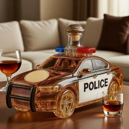 Creative 3D Police Car Whiskey Decanter on table with glasses, 300ML novelty liquor bottle for home bar or gift decor.