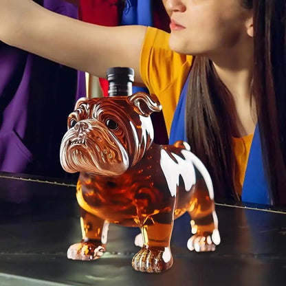 Woman reaching near bulldog-shaped whiskey decanter, a humorous and stylish glass bottle for bachelor events or man cave decor.