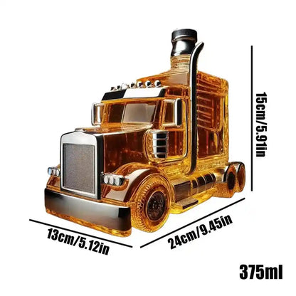 Whiskey Decanter Half Truck Bourbon Dispenser 375ml in golden glass design with chrome details, ideal for hosting brunch or beer events.