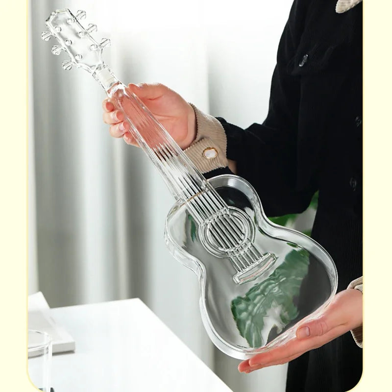 Clear guitar-shaped decanter, home bar display, whiskey storage