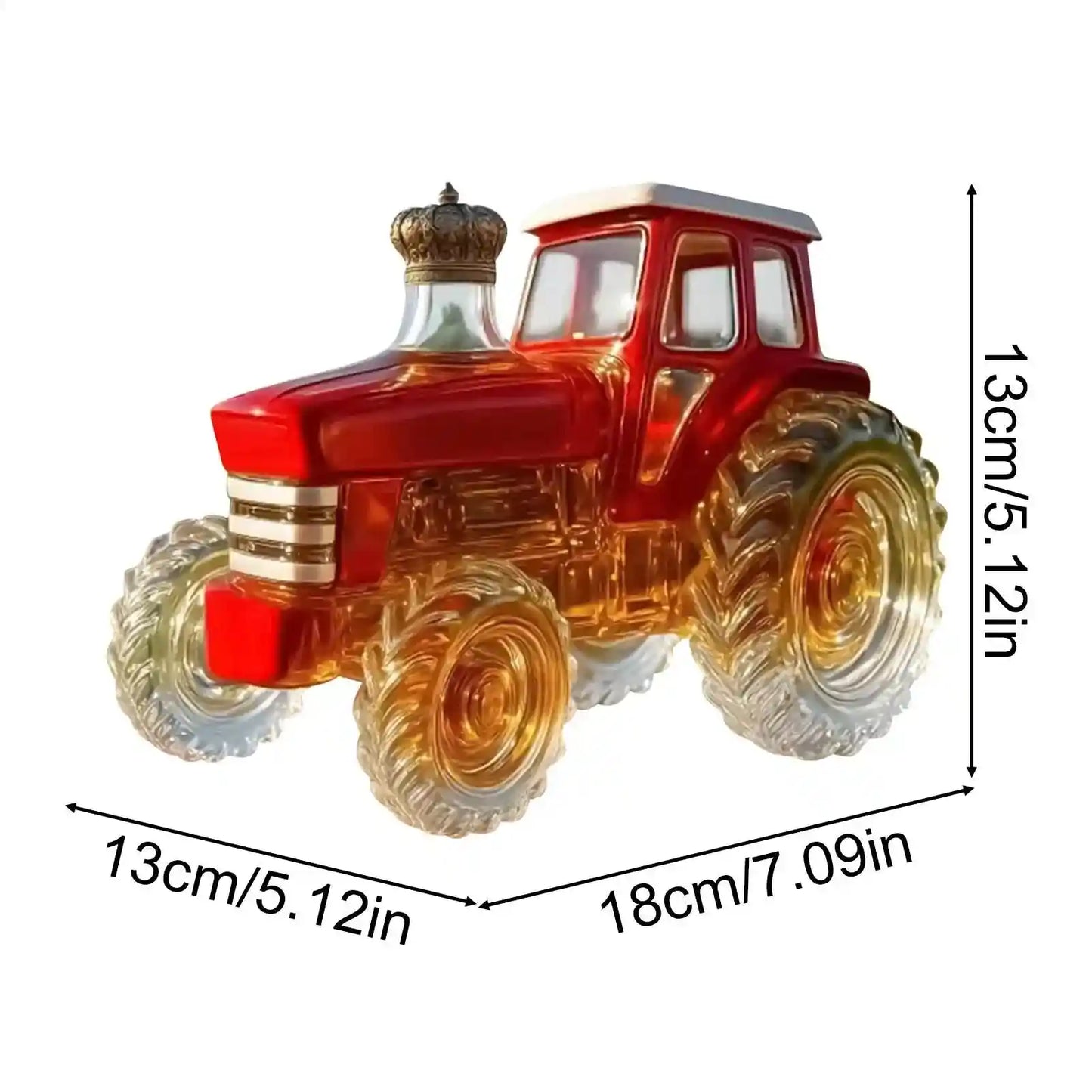Red Glass Tractor Decanter with size dimensions 18cm x 13cm, highlighting its decorative and functional appeal for home bars.