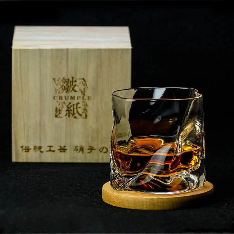 Japanese Crumple Paper Crystal Whiskey Glass with wooden box