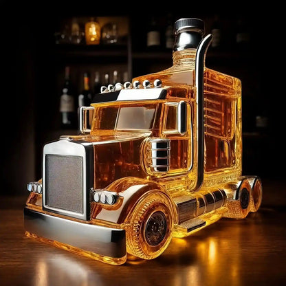 Close-up of vintage truck-shaped bourbon dispenser with chrome accents, 375ml whiskey decanter ideal for bar or home decor.