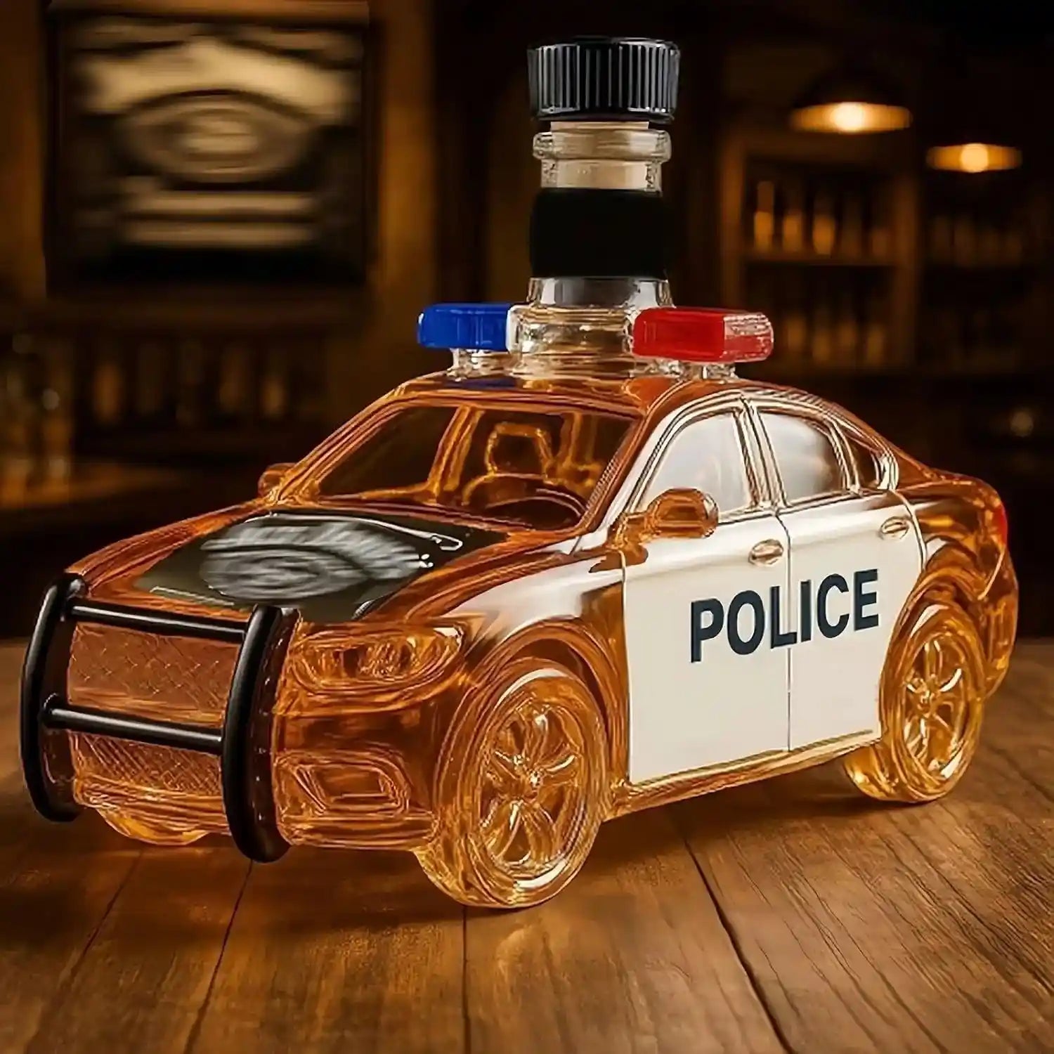 300ML Police Car Whiskey Decanter with black cap, 3D novelty liquor bottle for creative bar setups and unique gift ideas.