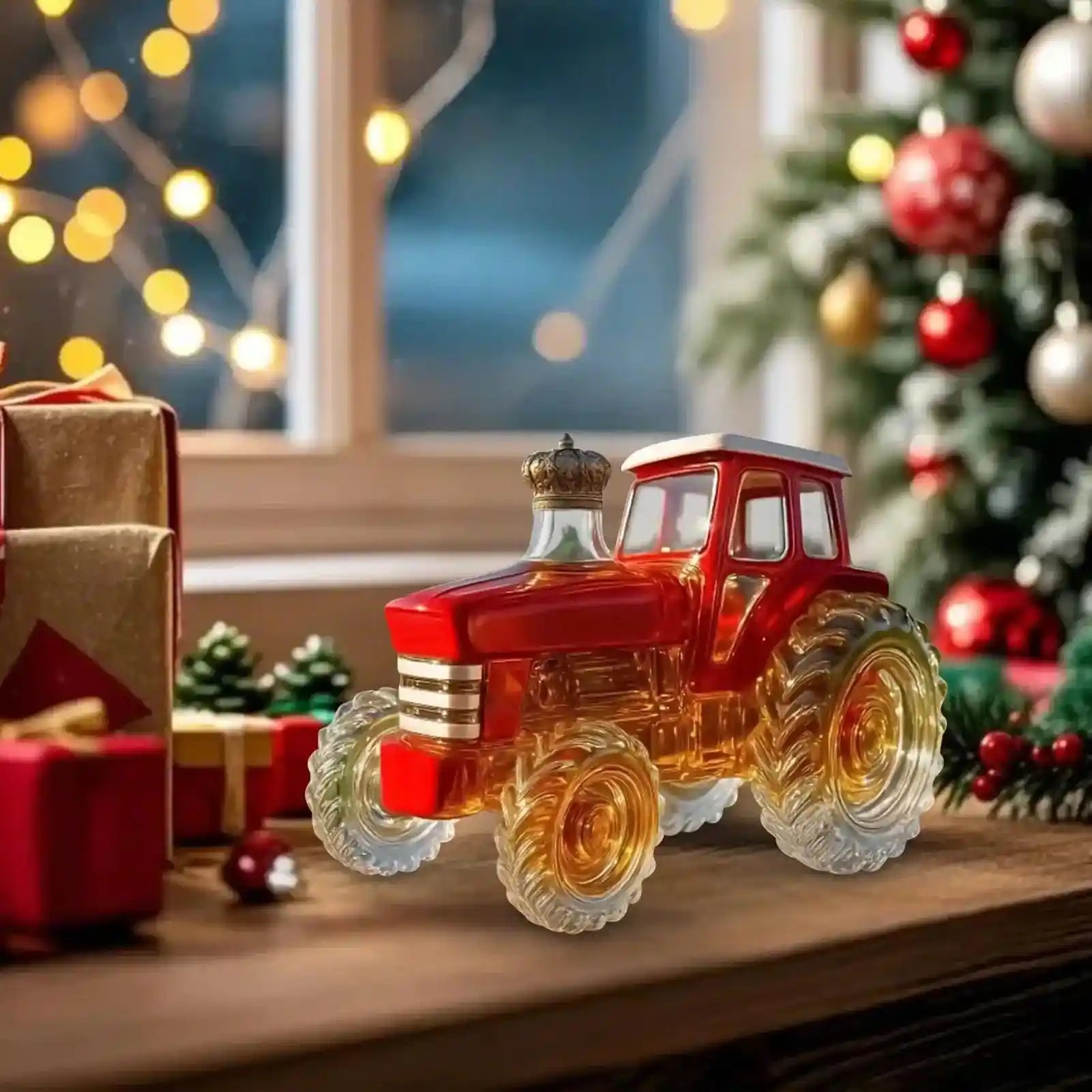 Red Glass Tractor Decanter on a Christmas table with lights and gifts, combining holiday spirit with stylish drink presentation.