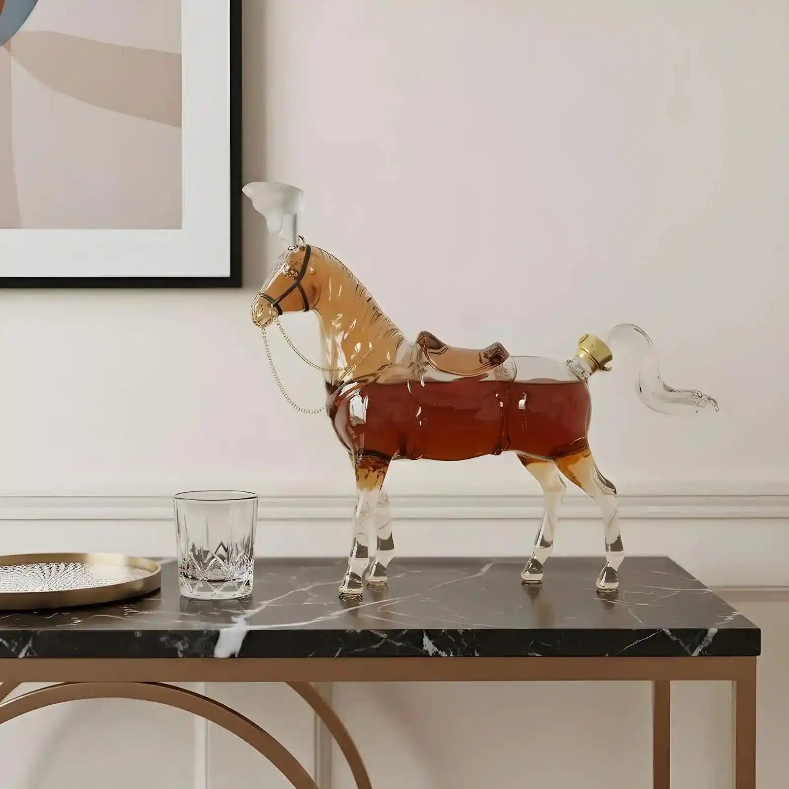 Decorative Horse Shaped Glass Decanter placed on a black marble console, enhancing home bar aesthetics with unique design.