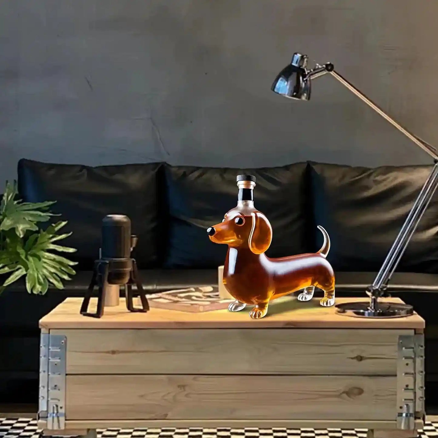 Empty dachshund dog-shaped liquor bottle on a wooden coffee table in a cozy living room, ideal for shelf decoration.