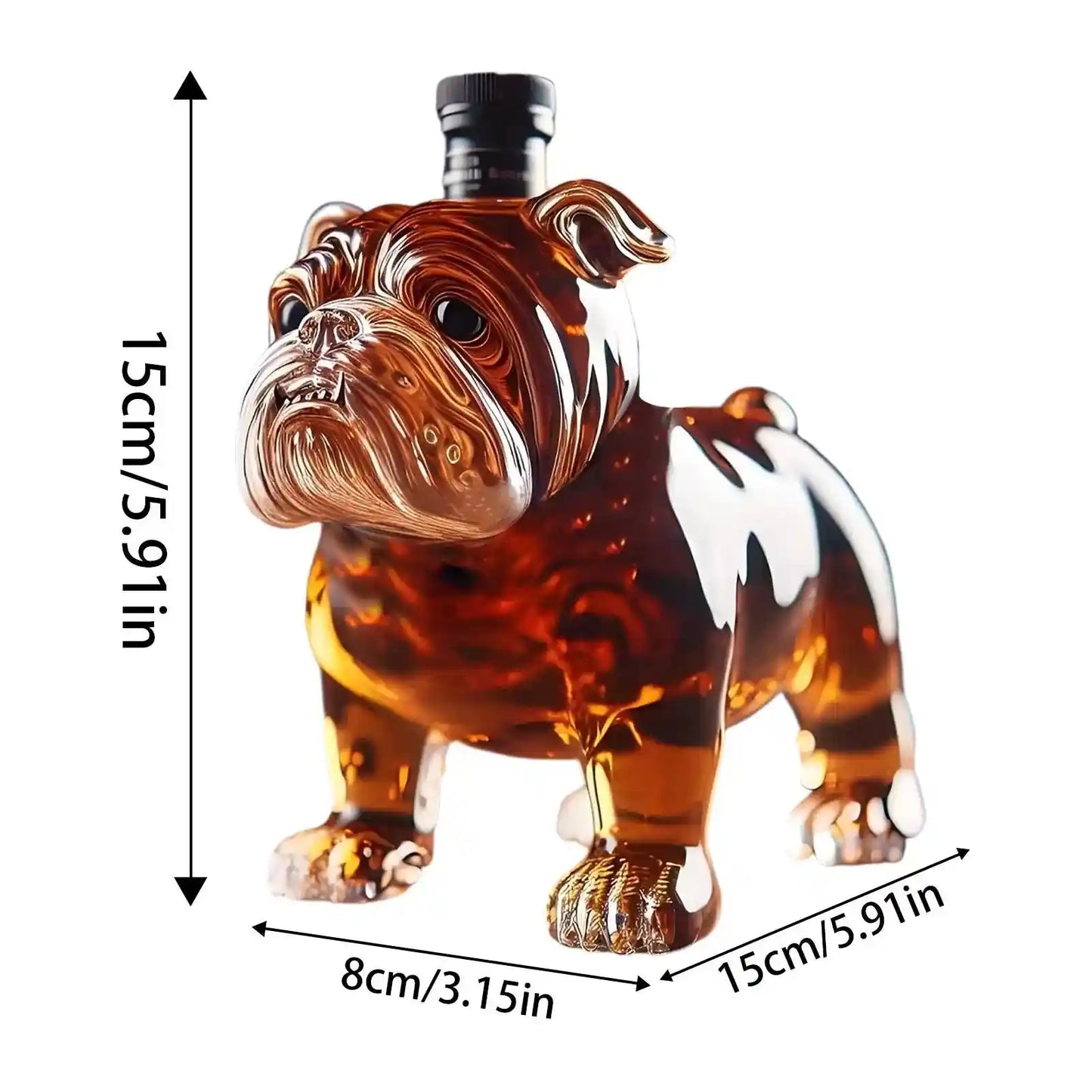 Bulldog whiskey decanter with size dimensions 15cm x 15cm x 8cm, a unique glass bottle for collectors and event gifting.