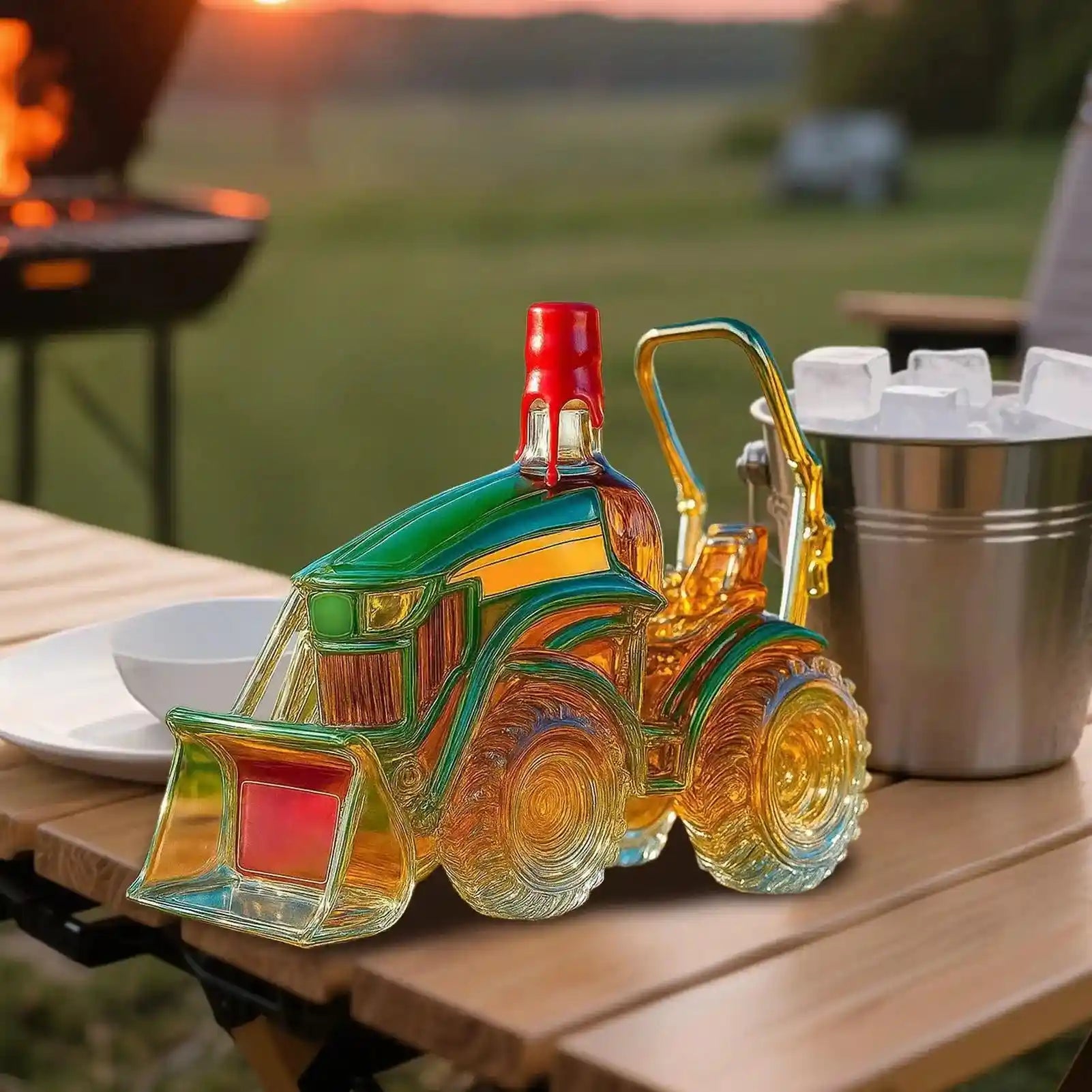 Red cap version of 3D tractor decanter on a picnic table, ideal for whiskey storage and novelty gifting.
