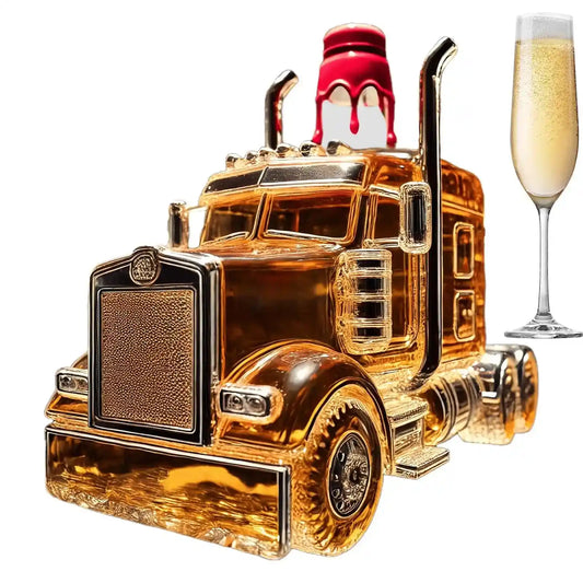 Whiskey Decanter Half Truck Bourbon Dispenser 375ml with red wax stopper and champagne glass, ideal for hosting brunch or beer parties.