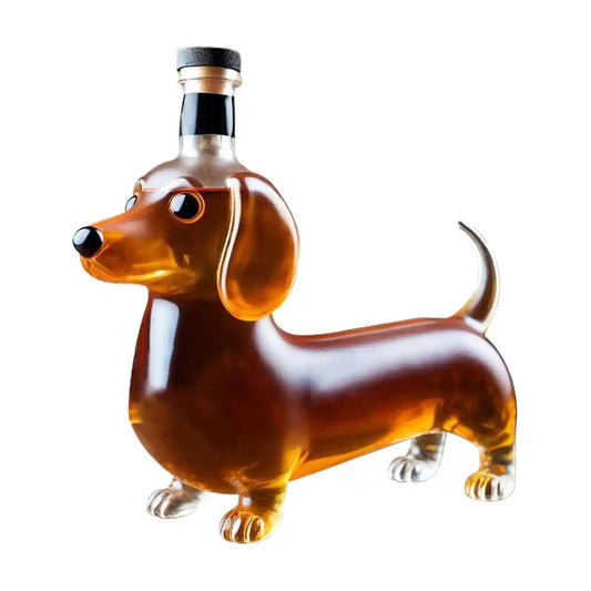 Empty whiskey bottle shaped like a dachshund dog, ideal as a bar or shelf decoration for birthday parties and wine lovers.