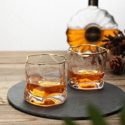 Japanese Crumple Paper Crystal Whiskey Glass with whiskey on table