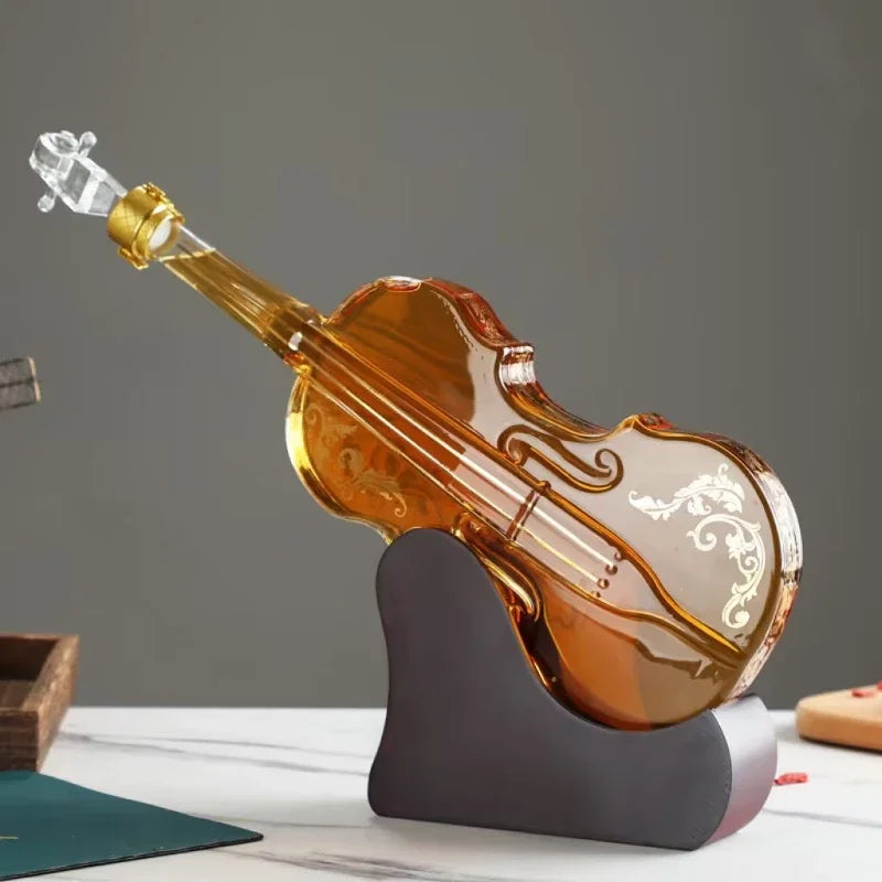 Decorative violin glass decanter on black stand