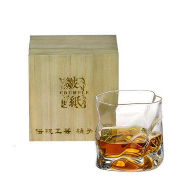Single Japanese crumple paper whiskey glass with wooden box, showcasing eco-friendly elegance and artisanal design.