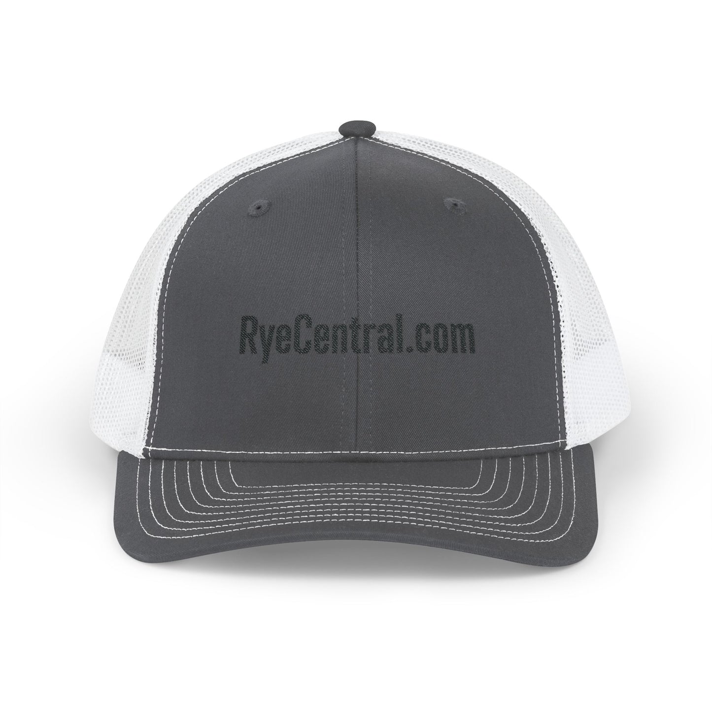 Retro-style snapback trucker hat featuring rye whiskey branding