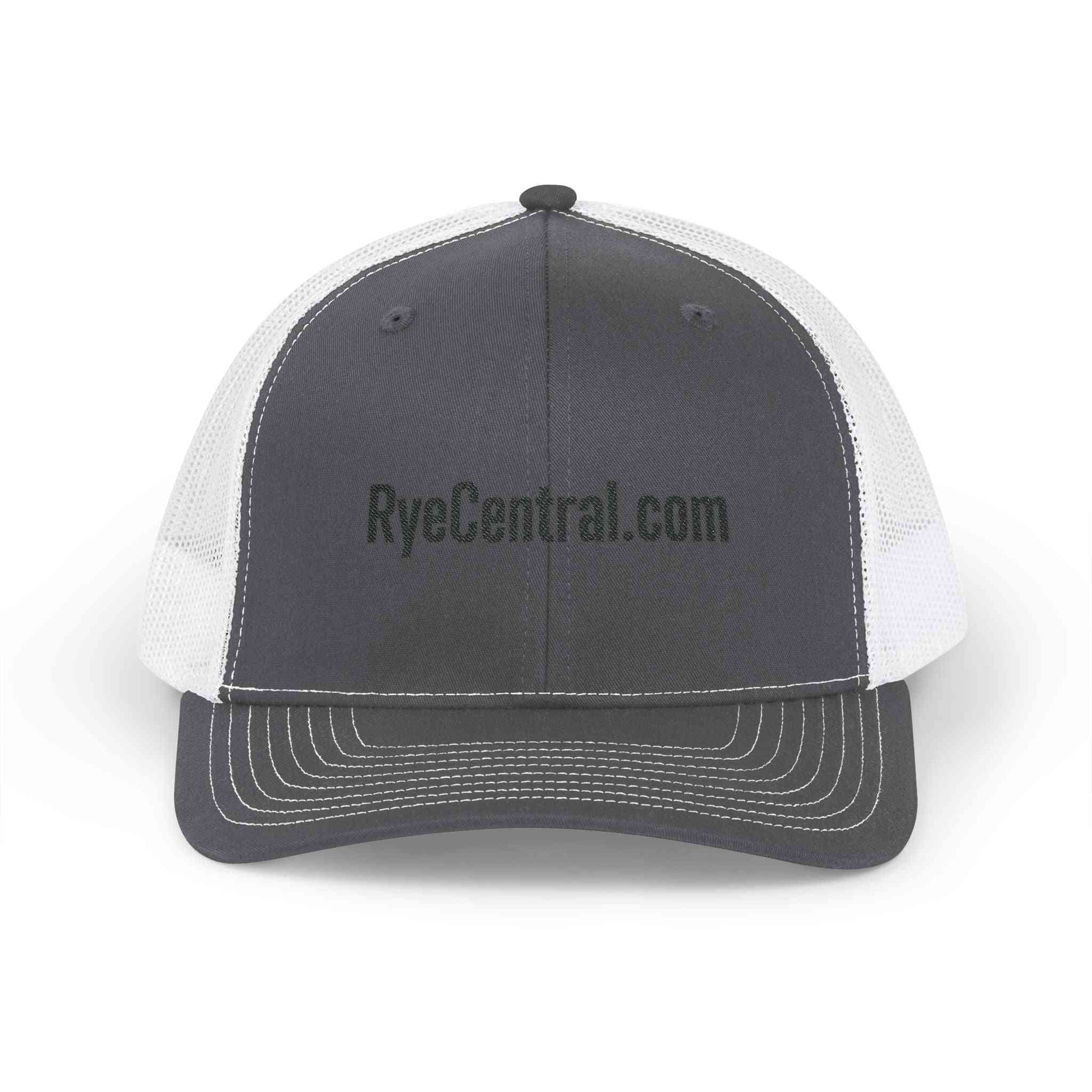Charcoal gray and white Whiskey Trucker Hat with RyeCentral.com text, offering a retro look with mesh back and structured front panel.