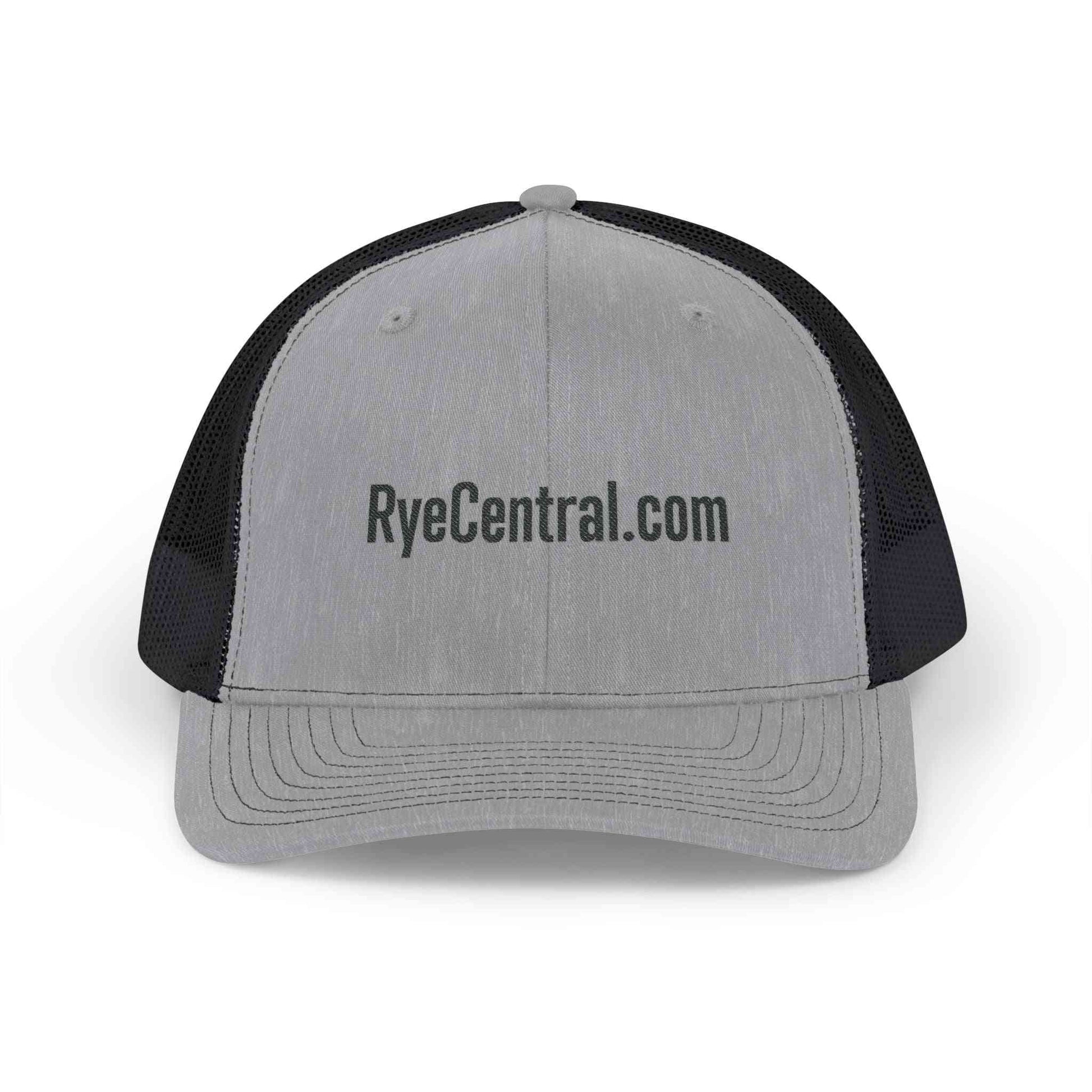Heather gray and black Whiskey Trucker Hat featuring RyeCentral.com embroidery, ideal for whiskey lovers seeking vintage-inspired headwear.
