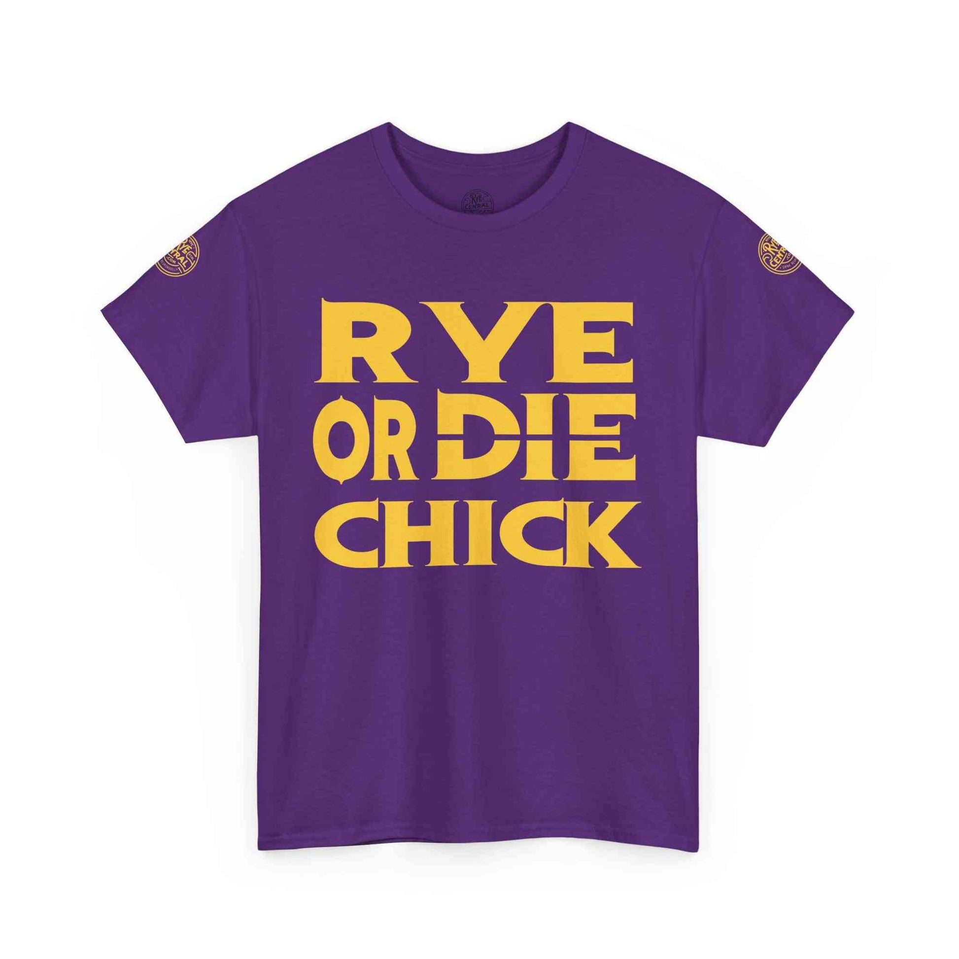 Purple women's whiskey t-shirt with gold 'Rye or Die Chick' slogan, perfect gift for rye enthusiasts and humorous fashion fans.