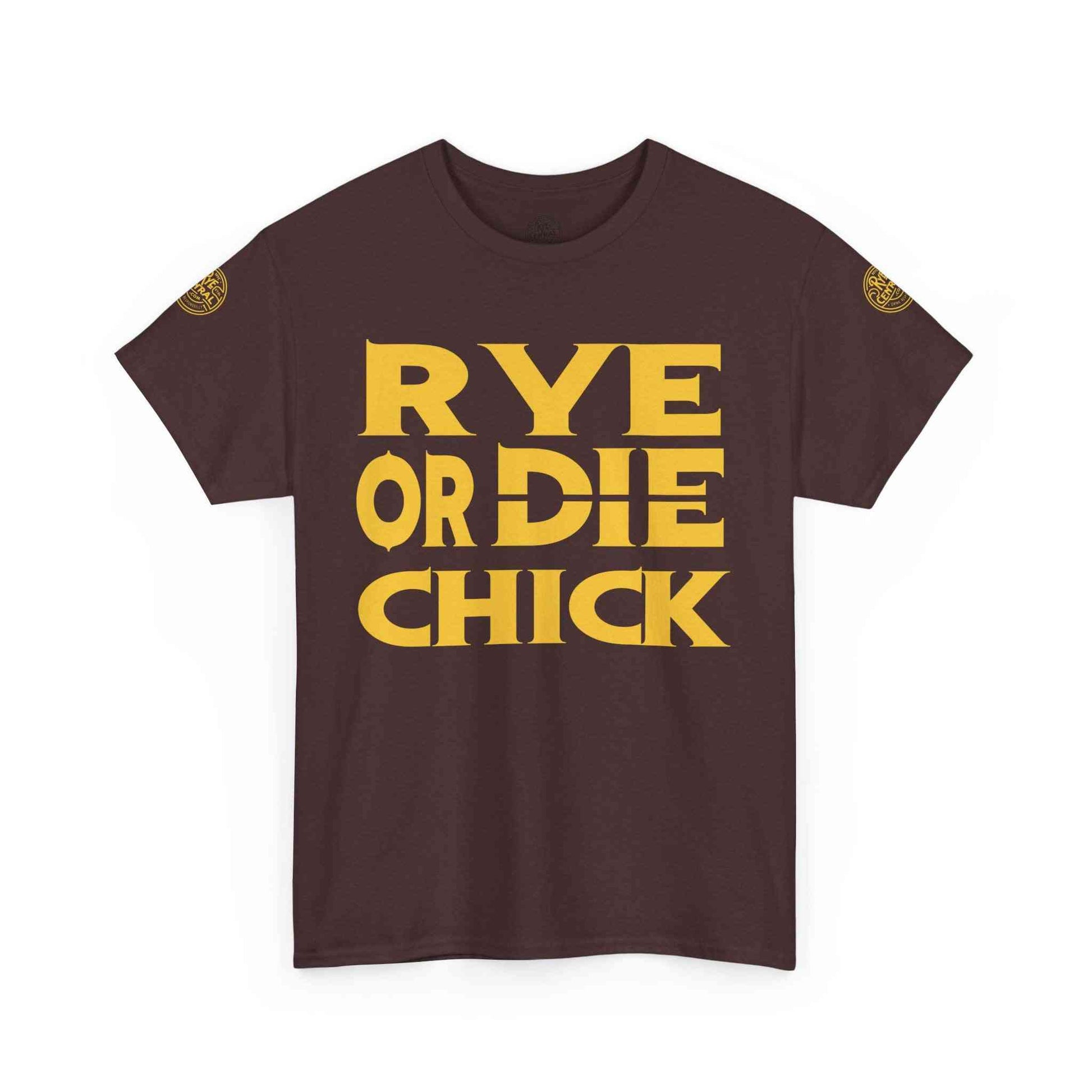 Brown funny whiskey shirt for women featuring bold yellow 'Rye or Die Chick' print, great for casual whiskey-themed outfits.