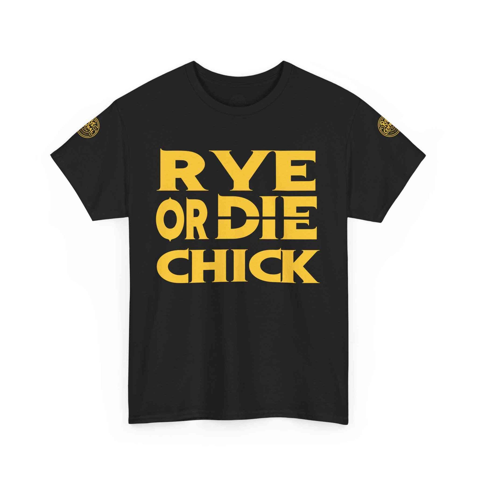 Black women's t-shirt with standout yellow 'Rye or Die Chick' lettering, a fun and bold choice for whiskey lovers' apparel.