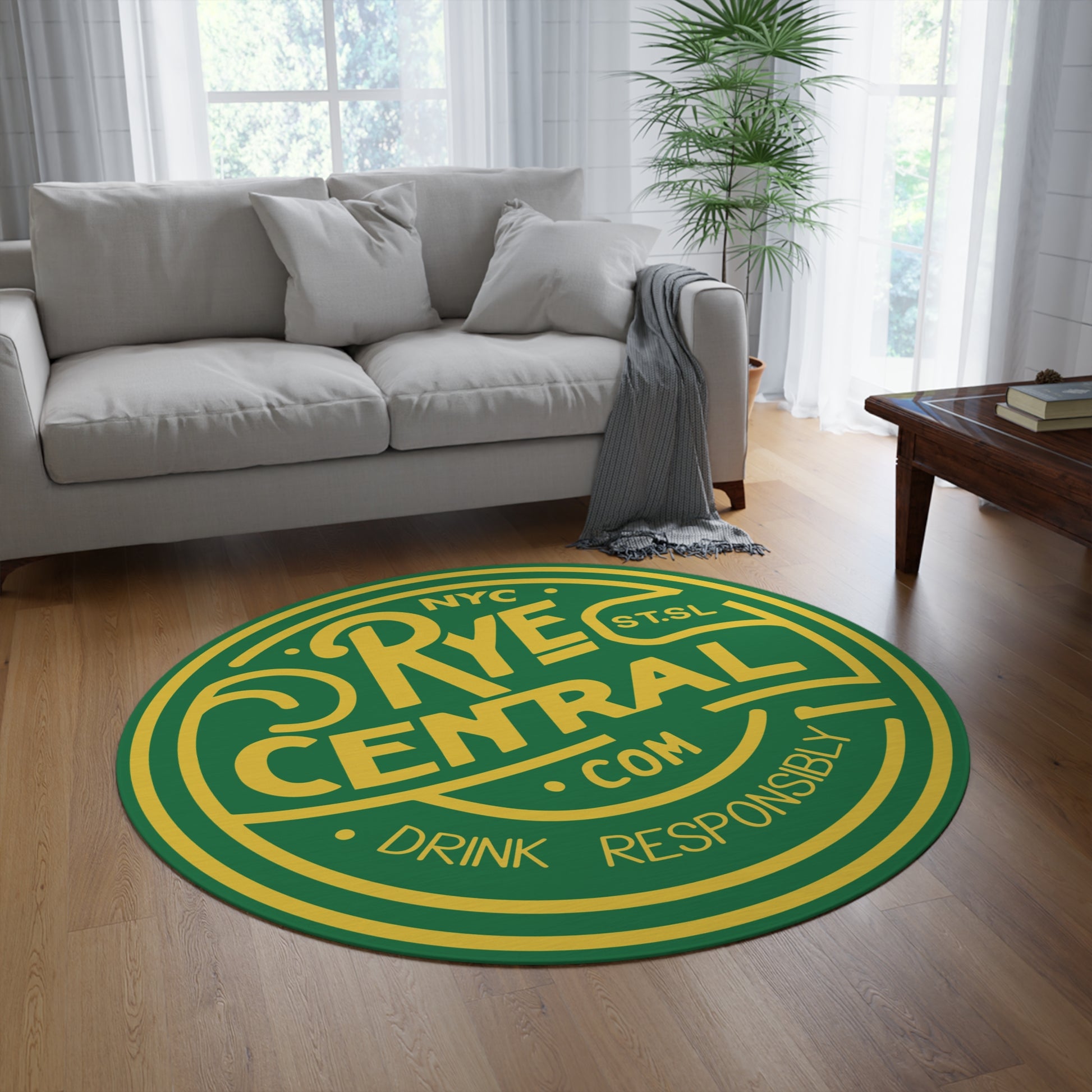 Round Rye Whiskey Lovers Rug with bold graphics, 60" diameter, perfect for man cave whiskey room decor