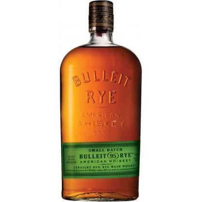 Bulleit 95 Rye Whiskey bottle showcasing its bold amber color and green label, ideal for classic cocktails or sipping neat.
