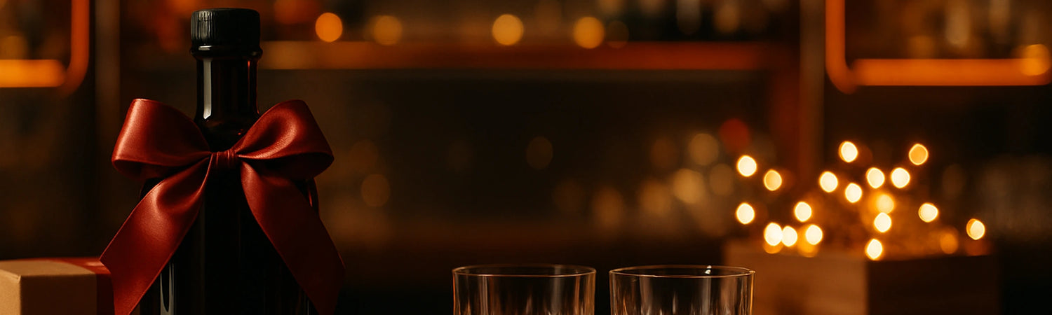 Gift-wrapped whiskey bottle with red ribbon, glasses and fairy lights